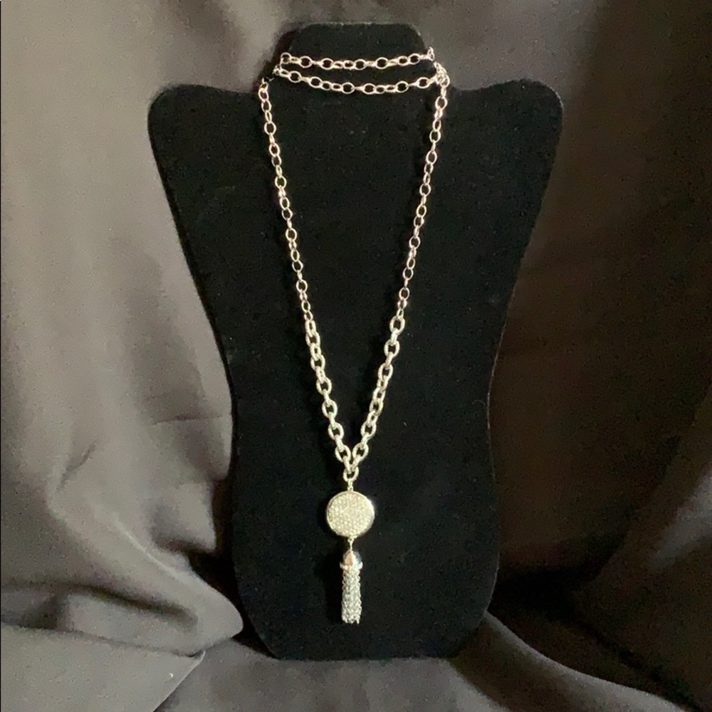 Long silver necklace.